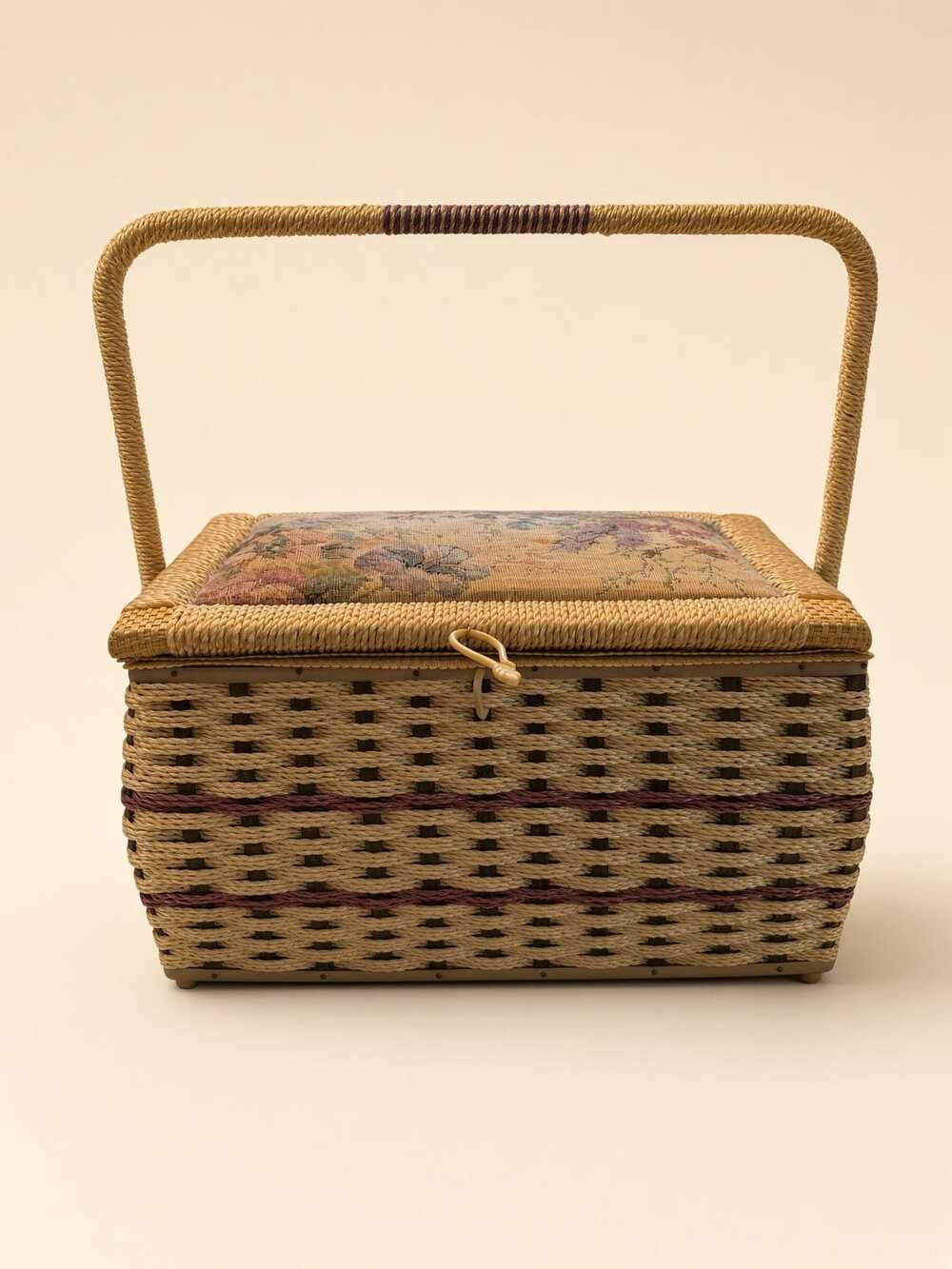 AZAR Tan Woven Vinyl Sewing Basket Purple Floral Tapestry Lid Craft Storage Box